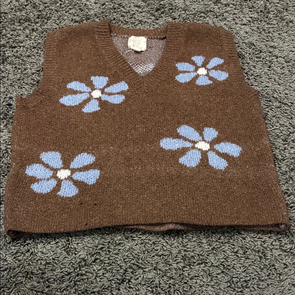 Macy's Brown V-Neck Sweater Vest with Blue Floral Design